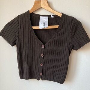 COLLUSION ASOS Cropped Ribbed Cardigan Top Women’s sz 2 Short Sleeve Brown Y2K